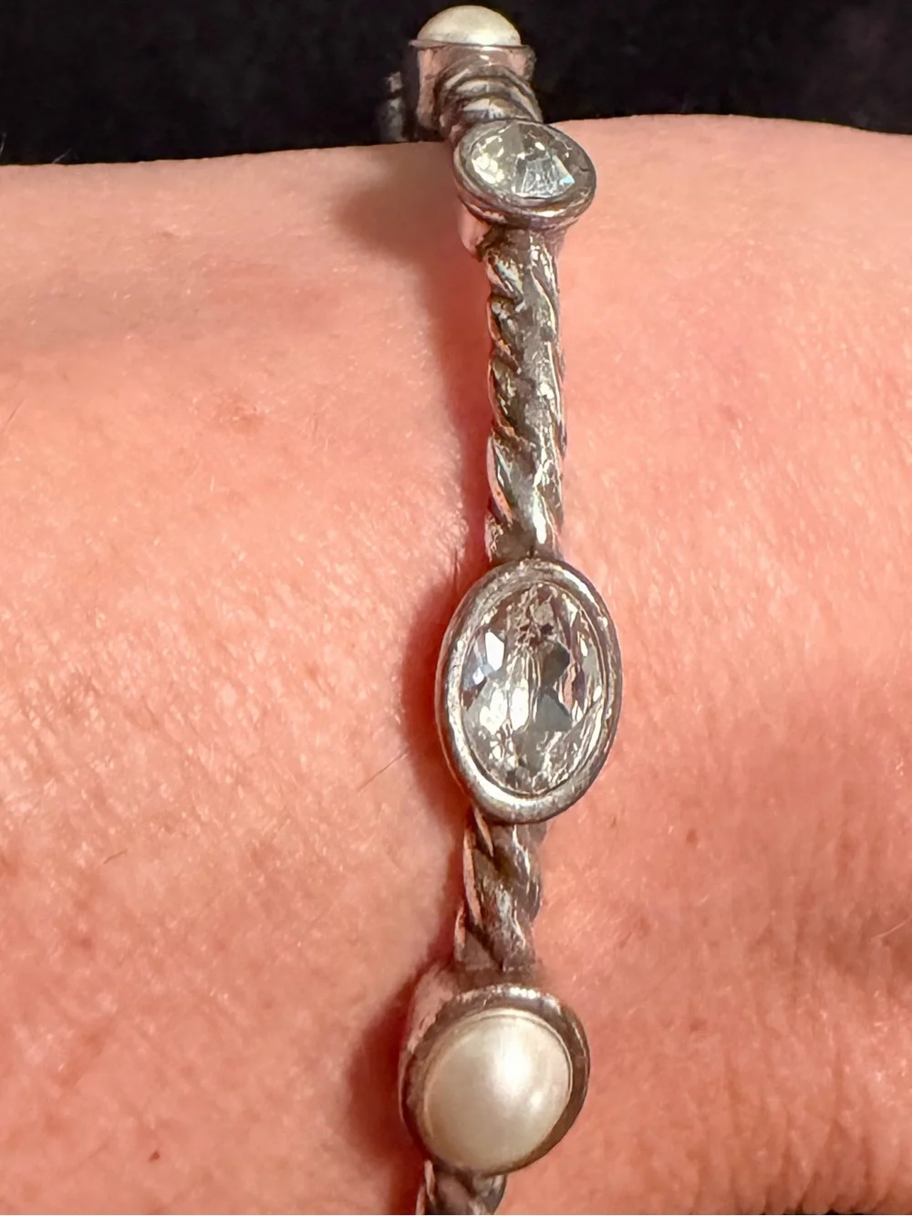 Brighton Monte Carlo Crystal Pearl Silver Hinged Bangle Bracelet